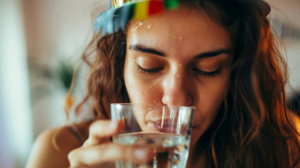 chica bebiendo liquido de una jarra filtradora de agua
